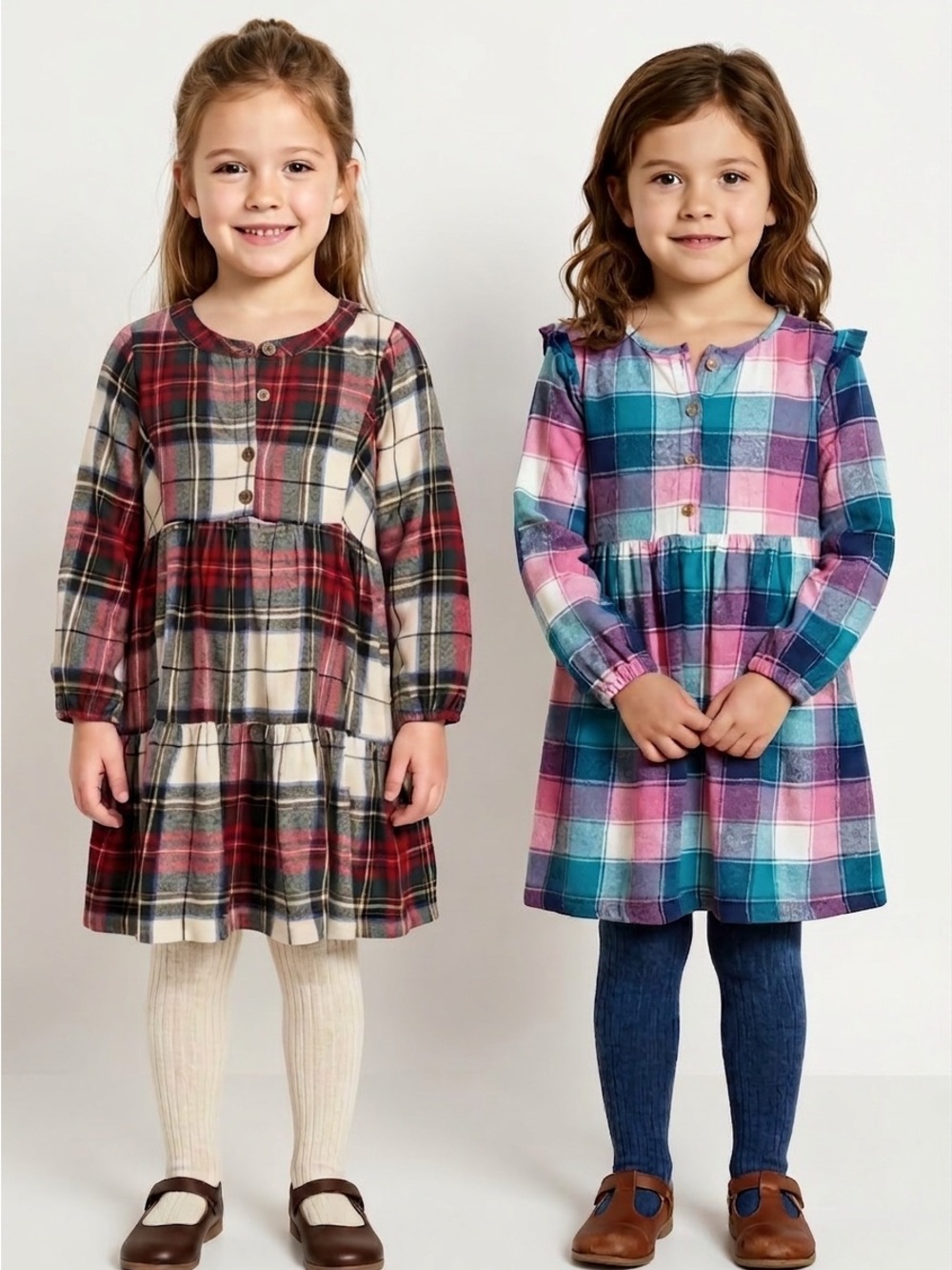 2 Plaid Tiered Dresses in Pink, Teal & Red